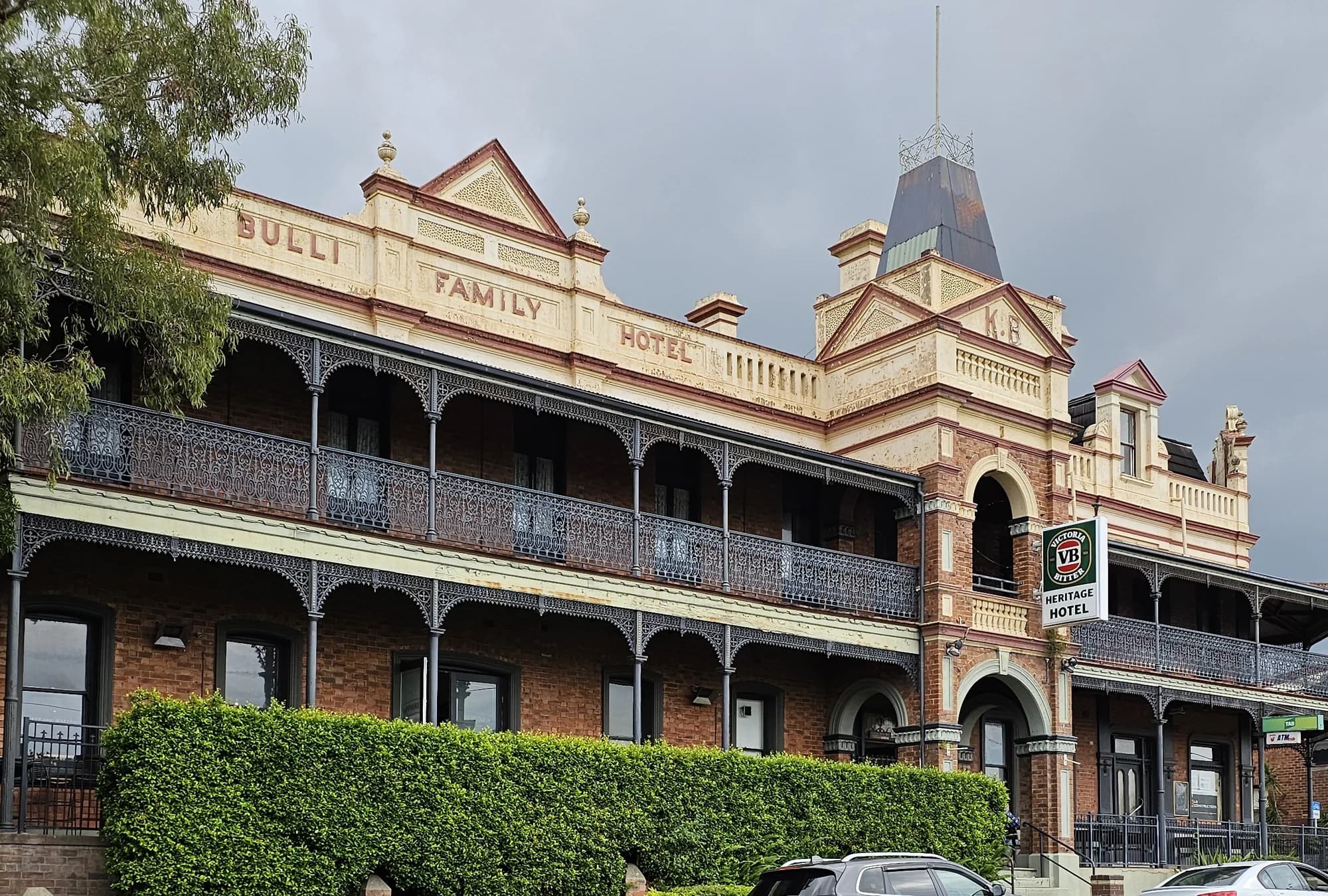 The long verandahs of the Heritage Hotel on the Princes Highway at Bulli, under a grey sky