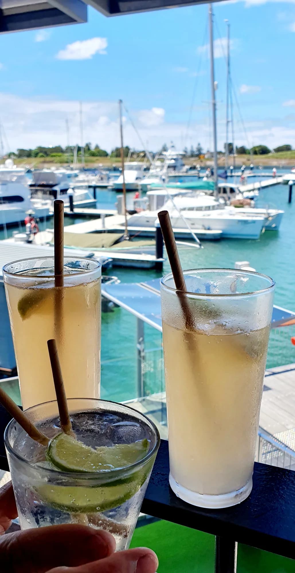 Two drinks on the rail above the marina at the Waterfront Tavern, Shell Cove
